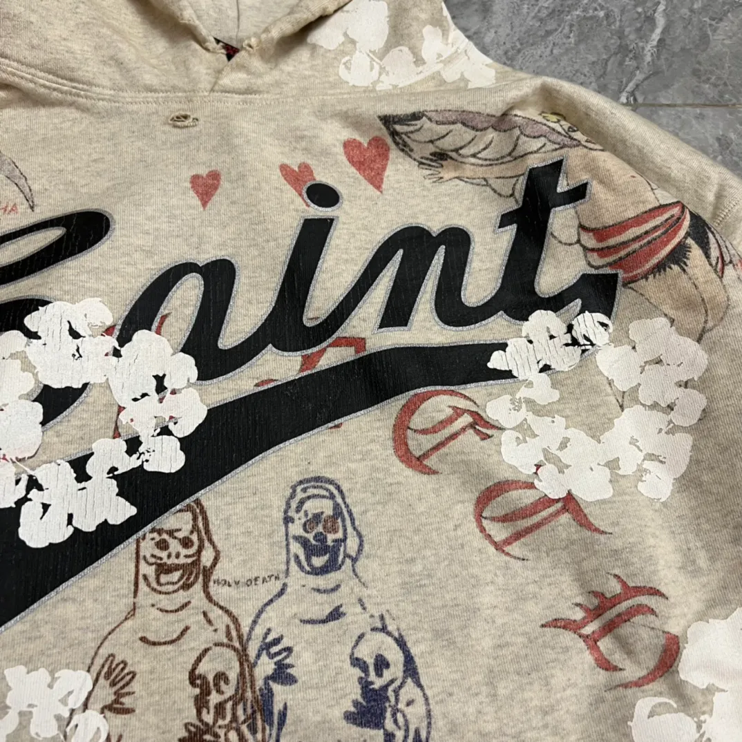 DENIM TEARS × ©SAINT M×××××× "SAINT TEARS" Graffiti Hoodie 22ss co-branded cotton graffiti hoodie, full printed washed distressed hole Vintage sweatshirt, gray S-XL, super heavy duty! The whole piece is printed with 35 screens and counterpoint printing!